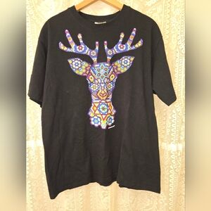 Black T-Shirt with Colorful Deer Design, Karani Art, Mens T-shirt